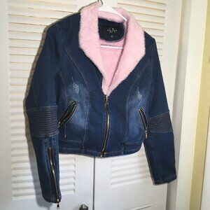 sz m jacket  LA Coalation short denim pink fur collar full plus inside 38" chest